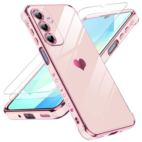 LeYi Funda para Samsung Galaxy A16/A 16 4G/5G 5 G, Silicona Carcasa con 2pcs Cristal Templado, Corazón Amor Mujer Estuche Protector Galvanizado Suave Bumper Resistente Antigolpes Móvil Case, Rosa