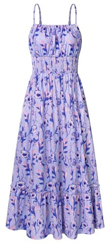 GRACE KARIN Sommerkleid Damen Lang Maxikleid Rüschen Freizeitkleid Strandkleid Boho Kleid Ärmellos Blumenkleid Casual Cami-Kleid Lila Blumen S