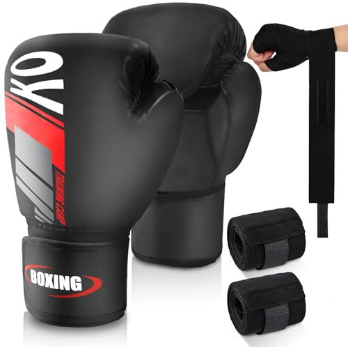 JUOIFIP Boxhandschuhe mit Boxbandagen, Männer und Damen Boxhandschuhe zum Boxsack Sparring Training, MMA Kampfsport, Muay Thai, Kickboxen & Kampfsport 14oz