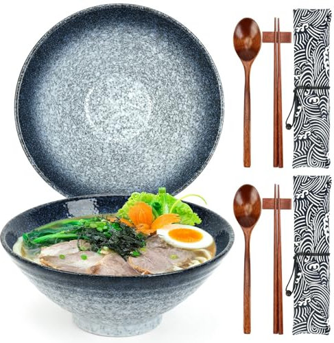 2 Ensembles de Bols en Céramique pour Ramen - Bols Japonais pour Nouilles avec Baguettes et Cuillères pour Soupe, Ramen, Pâtes, Salade de Fruits, Riz - 1050 ML, 20CM - Passe au Micro-ondes - Cadeau