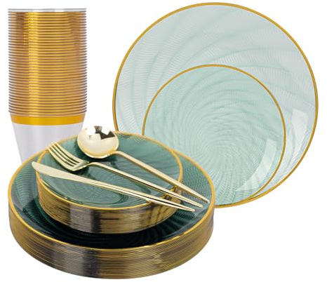 N9R 180 PCS Disposable Dinnerware Set with Gold Rim for 30 Guests,Green Plastic Plates Include 30 Dinner Plate, 30 Dessert Plates, 30 Cups, 90 Heavy Duty Gold Plastic Silverware for Party & Wedding