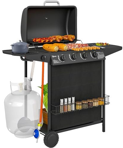 Outsunny Barbecue a Gas in Acciaio a Bruciatori Indipendenti 4+1, BBQ a Gas con Coperchio, Tavolino Laterale, Termometro, Ruote, Griglie, Regolatore, Portaspezie e Vaschetta Raccogli Grasso, Nero