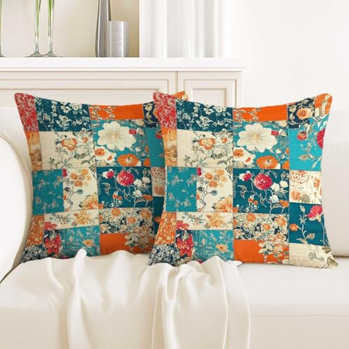 ZwenPdoe Floral Patchwork Throw Pillow Covers 18x18 Set of 2 | Farmhouse Decorative Cushion Covers with Hidden Zipper | Vintage Blue Orange Flower Pillowcases for Couch Sofa Bedroom Home Decor