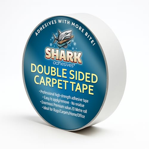Shark Adhesives Double Sided Grip Tape for Carpets and Rugs 20m Roll- Strong Double-Sided Sticky Tape, Heavy Duty Grip to Stop Moving and Sliding, Ideal for Home Use And More