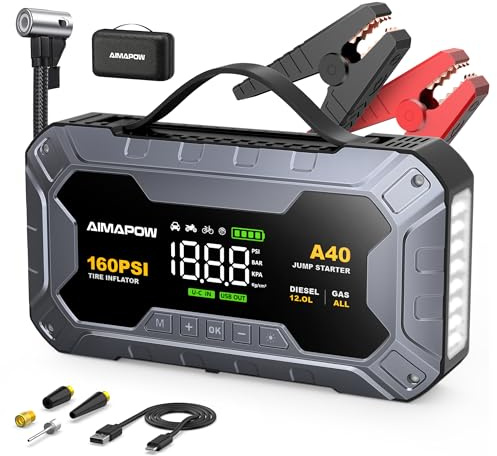 AIMAPOW Starthilfe Powerbank für Pkw mit Kompressor 8000A 160PSI,27000mAh Auto Starthilfe Powerbank für All Benzin und 12.0L Dieselmotor,Starter Powerbank Eingang/Ausgang und 600LUM LED-Licht