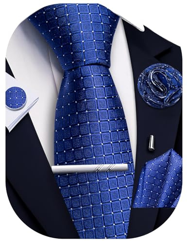Ailisus Men’s Royal Blue Ties and Pocket Square Set, Plaid Silk Necktie & Handkerchief Lapel Pin Cufflinks Tie Clip for Men Formal Wedding Party