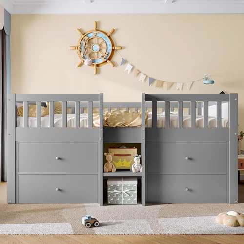 Merax Children's Mid Sleeper Cabin Bed Frame, Kids Single Bed with Storage, Wooden Storage Bed with 4 Drawers, Two Step Stairs, Safety Guardrail, Grey, 90 x190 cm