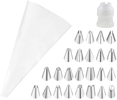 Sac a Poche Professionale con 24 Beccucci in Acciaio Inox, Sacca a Poche per Dolci Riutilizzabile per Decorazione Torte, Cupcake e Biscotti, Kit Pasticceria Completo, Bianco