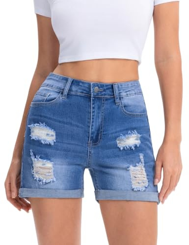 aeonstitch Women's Ripped Denim Shorts High Waisted Casual Summer Shorts with Rolled Hem Light Blue S