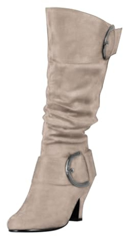 Dam mocka slouch knähöga stövel block hälspänne | Dam mocka slouch knähöga stövlar med spänne detalj och blockklack för enkel, elegant vardagsstil