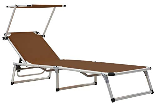 Heofavd Chaise longue pliable avec auvent pare-soleil - Chaise longue de jardin en aluminium et textilène - Chaise longue à trois pieds réglable pour jardin, balcon et plage - Marron - 186 x 58 x 25,5