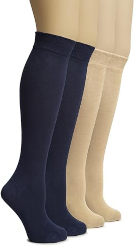 Hugh Ugoli Chaussettes hautes en bambou pour femme, Lot de 4 Paires, Coutures confortables, Chaussettes uniformes pour filles, Robe & Quotidien, Douces & Légères, Bleu Marine, Beige, Pointure: 35-38