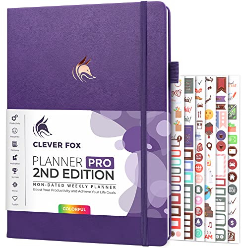 Clever Fox Planner PRO 2nd Edition – Undated Weekly Agenda for Tasks & Time Management – Life Organizer with To-do List, 21.5x28cm (Purple)