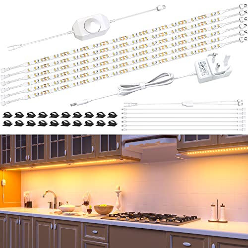 Hensam Under Cabinet Lights - 6PCS*50cm LED Strip Lights, Dimmable Counter Light for Kitchen, Shelf, Cupboard, Cabinet, Closet, 12V Adapter, Dimmer, 3000K Warm White, 180 LED, 1500 Lumen