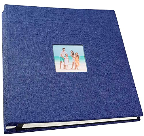 AKOFIC Self Adhesive Photo Album, 28 * 27 cm Linen Cover Large Magnetic Scrapbook Album, 40 Double-Sided Pages DIY Anniversary Memory Book with a Window for 4x6 in or 8x10 in Pictures (Blue)