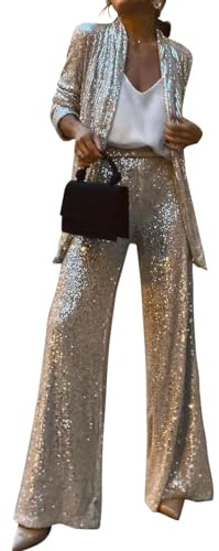 shownicer Completo da Donna in Due Pezzi con Paillettes Elegante Tailleur Pantaloni e Giacca da Completo Blazer a Maniche Lunghe Tuta A Argento M