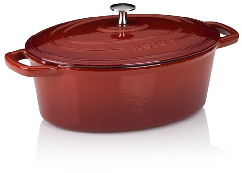 kela Casseruola ovale in ghisa 4 litri, forno olandese Calido per cottura a induzione con coperchio, pentola in ghisa per cuocere il pane, smaltato, rosso
