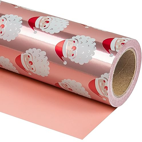 Ruspepa Vändbart julklappspapper, minirulle, 43,2 cm x 10 m, design med jultomtar och enfärgad i roséguld med glansig metallfolie, för jul, helgdagar, festfirande