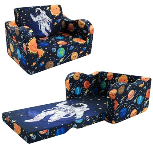 MeMoreCool Canapé-lit Pliable pour Enfants – Canapé-lit et Chaise Longue 2 en 1 | Imprimé Astronaute | Design Pliable | Housse Lavable | Âge 1 à 3 Ans