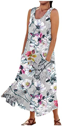 Sommerkleid Damen Leicht Kleider Elegant Kleider Damen Lose Tunika Freizeitkleid Cocktailkleid Partykleid Sommerkleider Damen Damen Ärmellos Blumen Sommerkleid Sommerkleid Tunika Damen（7-Gray,L）