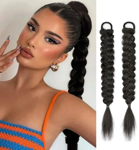 Ruzister 2 extensiones trenzadas de cola de caballo con gomas para el pelo, postizos sintéticos suaves para mujeres y niñas para uso diario, negro natural de 16 pulgadas