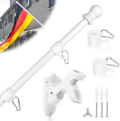 DBREAKS 1.5M Asta de Bandera de Aluminio, 4 Secciones Kit de Mástil de Bandera, Kit de Barra de Bandera de Montaje en Pared Exterior con Anillos Giratorios(Blanco)