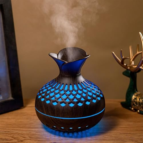 HomeVortex 7 Color Light Essential Oil Diffuser Aroma Humidifier Air Freshener, Scent Nebulizer Air Humidifiers Wooden Vase Flower Aroma Diffuser, USB Powered Silent Mist Discharge(Dark)