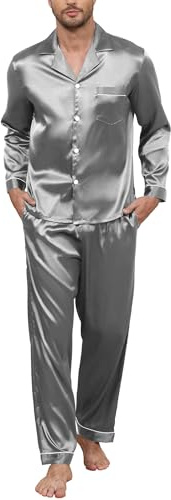 TeJoyce Pijama de Hombre de Seda Largo, Ropa de Dormir de Satén de Dos Piezas, Conjunto de Loungewear de Raso de Manga Larga con Botones y Pantalón con Bolsillos, Ropa de Casa Elegante y Cómodo S-XXL