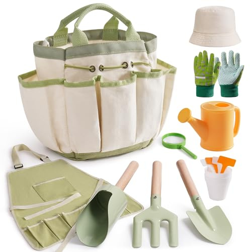ROBOTIME Set di attrezzi da giardinaggio per bambini, 18 pezzi, kit di attrezzi da giardino per bambini con annaffiatoio, guanti, grembiule e cappelli, borsa degli attrezzi e set di metallo, regalo