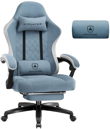GTPLAYER Gamingstolstyg, gamingfåtölj med fickfjäderkudde, ergonomisk snurrstol, gamingstol med fotstöd 150 kg lastkapacitet, ljusblå