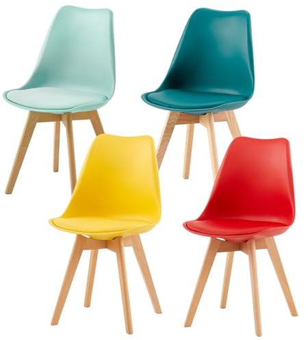 EGGREE Pack 4 Sillas de Comedor Sillas Cocina Nórdica de Plástico con Cojín de Asiento de Cuero PU y Las piernas de Madera de Haya Maciza, Amarillo+Rojo+Turquesa+Verde Menta