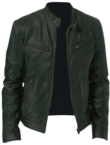 Chiodo Pelle Uomo,Giacca Da Motociclista Vintage In Similpelle A Maniche Lunghe con Collo Alto E Cerniera, Cappotto Di Transizione, Semplice Bomber per Primavera Estate, Viaggi All'Aperto, Verde Scu