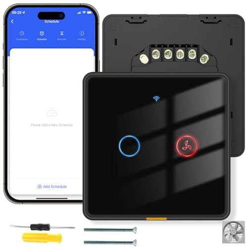 Acmerota Smart Light Switch Compatible with Alexa + Bathroom Extractor Fan Switch Smart Black Light Switches for 1 Gang 1 Way WiFi Touch Wireless Switches, No Netural Require