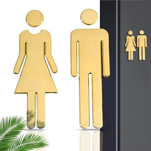 Restroom Door Sign,Men Women Toilet Signs, Adhesive WC Restroom Signage Sticker, Acrylic Mirror Metal Toilet Stickers for Hotels, Restaurants, Shopping Malls, Bars, Public Toilets(1 Pairs,Gold)
