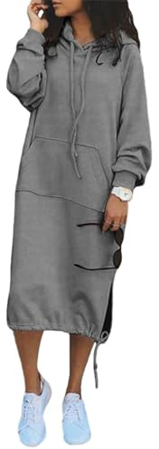 Edelaura Robe en Sweat Élégante Longue pour Femmes à Manches Longues et Capuche Sweatshirt Unie pour Les Loisirs avec Cordons de Serrage Poches et Fente Latérale