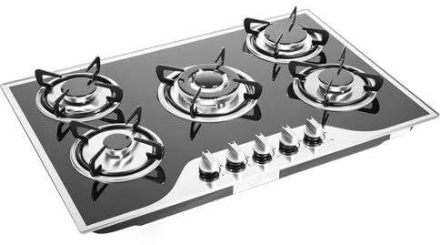 CHIMHOON Cocina de gas endurecida de 30,3 pulgadas, 5 llamas, cocina de gas, cocina de gas, cocina de gas de hierro fundido + bandeja de agua de acero inoxidable, cocina empotrable para gas natural