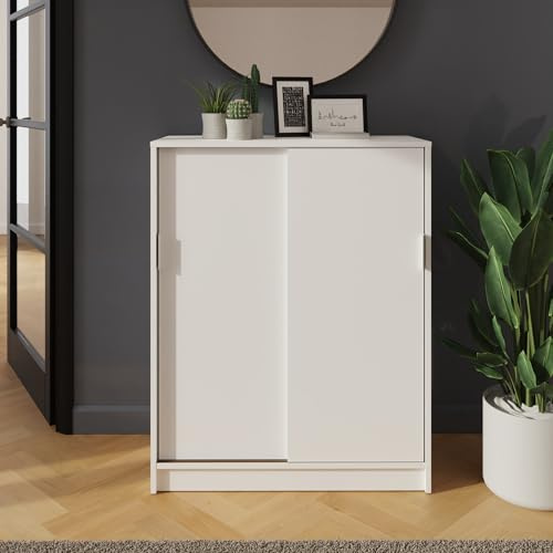 GFW Leighton Sliding Door Shoe Cabinet, Slim White Hallway Shoe Storage Unit for 18–22 Pairs