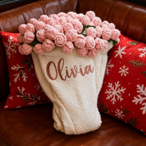 Qubist Personalized Handmade Crochet Rose Flower Blanket Bouquet – Custom Name Gift for Mother's Day, Valentine’s Day, Mom or Girlfriend（Pink）