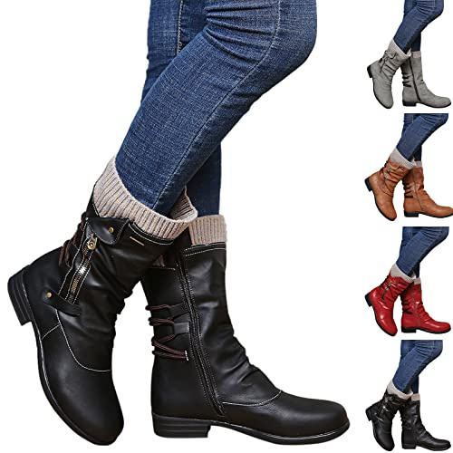 Bottes Plateforme Mi-Mollet Pour Femme Bout Rond, Bottines Femme Plates Cuir, 2025 Nouveau Bottine Couleur Unie Décontracté Botte Automne Hiver Chic Boot Mi Mollet Chaussure Y2K Chaussures Botte