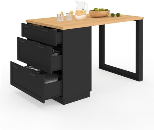 IDMarket - Ilot Central Mange-Debout 4 Personnes VITO 130 cm | Casserolier 3 tiroirs noir et plateau bois