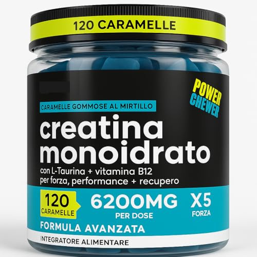 CREATINA MONOIDRATO GUMMIES 6200 mg – Integratore con Taurina e Vitamina B12 – 120 Caramelle Gommose al Mirtillo per Energia, Forza e Recupero Muscolare – Formula Vegan Senza Glutine