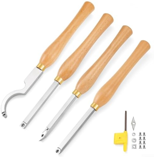 Juego de herramientas de torno para carpintería con 4 herramientas de torneado de carburo, barras de acero inoxidable y mangos ergonómicos de haya para torneado preciso de madera, incluye llave