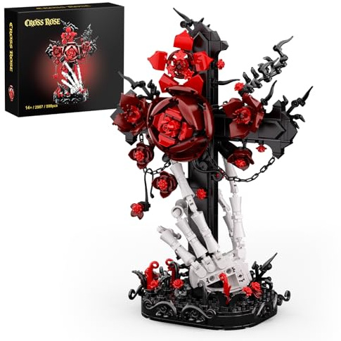 DRZYJ Gothic Rose Cross Building Set for Adults, 598PCS Dark Red Rose Bouquet Blocks with Skeleton Hand, Halloween Desk Decor, Romantic Gothic Gift for Teens 14+ and Collectors