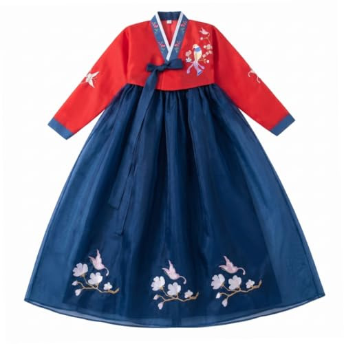 Syutokul Koreansk Hanbok-klänning, traditionell Hanbokkjol, outfit med blommigt fågelbroderi för kvinnor, röd, mörkblå