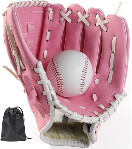 LeapBeast Baseballhandskar, mjuka bollhandskar med 1 boll, baseboll träning tävlingshandske tjocka hållbara softbollhandskar för barn vuxna (rosa, 25 cm)