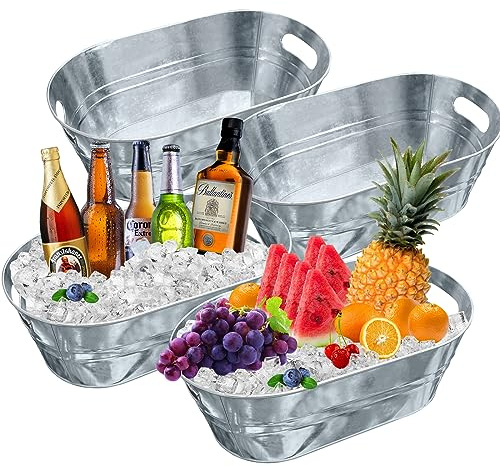 4 PCS 3 Gallon Galvanized Tub Champagne Bucket with Carry Beer Drink Storage Cooler Metal Beverage Ice Tub Galvanized Ice Buckets for Parties and Cocktail Bar Mimosa Supplies, 15.8 X 9 X 6.2 Inches