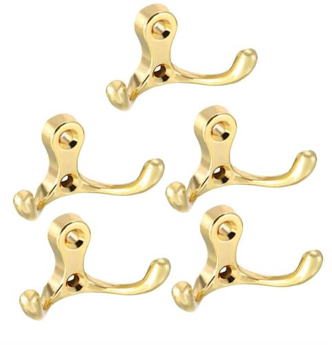 TA-VIGOR 5Pcs Double Prong Robe Hooks, Wall Mounted Heavy Duty Coat Hat Hook, Dual Coat Door Hooks for Hanging Hat Clothes Hanger Towel Keys