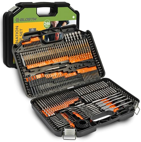 BLOSTM Combination Drill Bit Set - 246PCS Drill Bit Sets Includes Various Sizes, HSS Titanium Twist Masonry Drill Bits Set, Wood Drill Bit Set, Screwdriver Bits & More in Storage Case