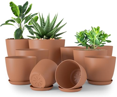 Utopia Home Confezione da 10 vasi 18/17/15/13/12 cm Fioriera con sottovaso Per cucina, balcone, piante da giardino, vasi da vivaio per interni Terracotta.