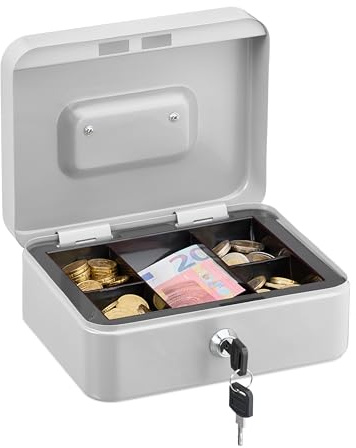 Relaxdays Geldkassette abschließbar, entnehmbarer Einsatz, 5 Fächer, Geldkasten Eisen, HxBxT: 8,5 x 20 x 17 cm, weiß